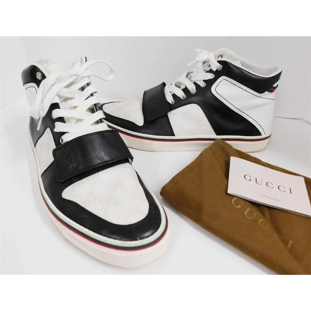 Gucci Hi-Top Lace-up Black White Sneaker with Embossed G Script 245310 sz‎ 10.5
